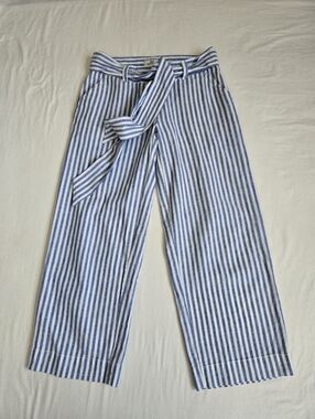 Vineyard Vines Striped Wide Leg Pants Trousers Tie Belt Blue White Linen Blend 0
